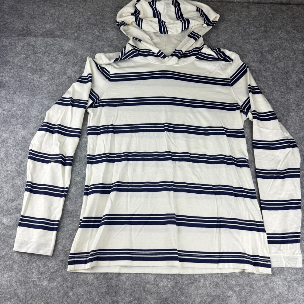 Lands' End Blue White Striped V-Neck Long Sleeve Hooded XS 2-4 100% Cotton‎